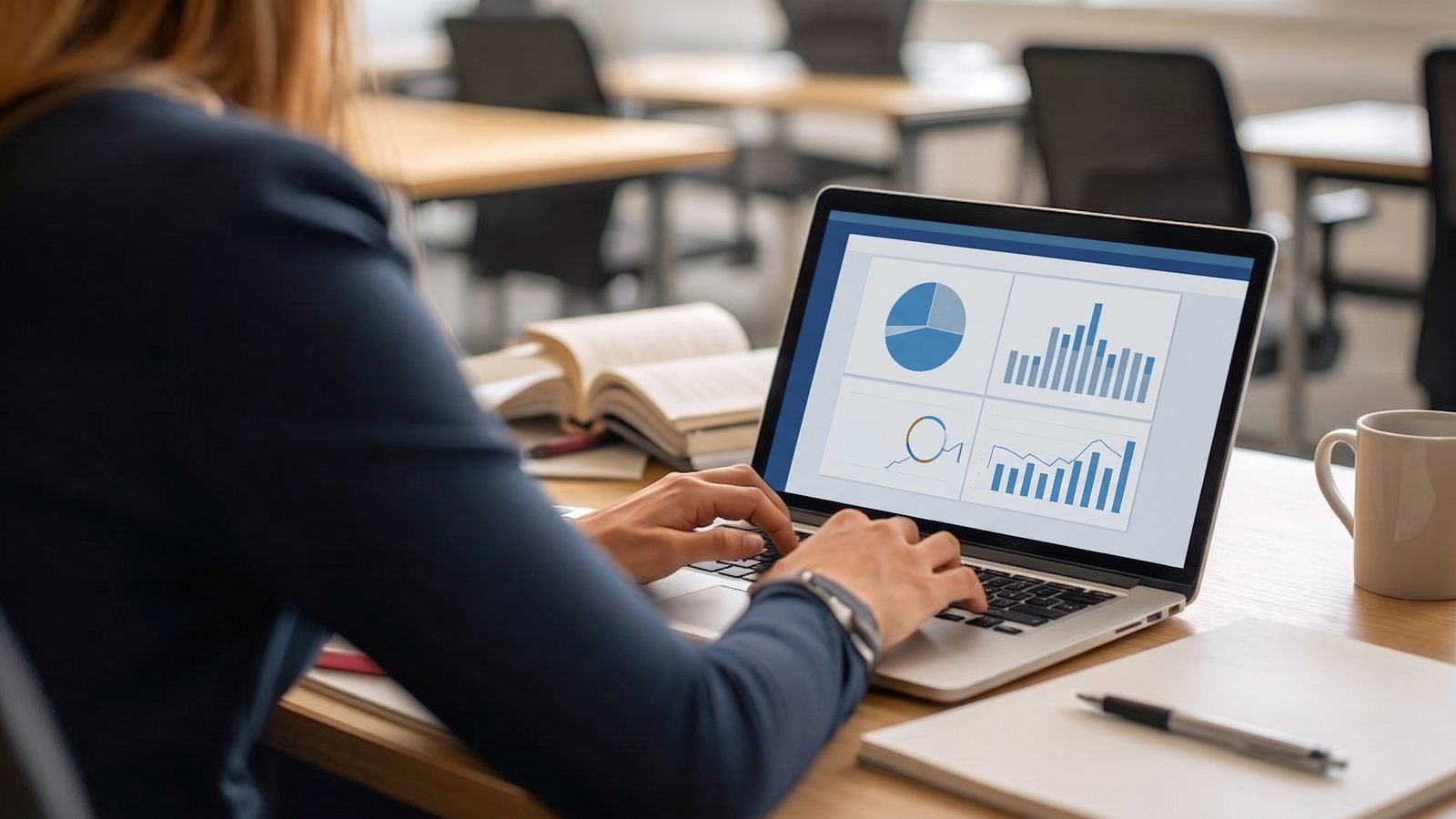 Personne consultant un tableau de bord de statistiques publicitaires sur un ordinateur portable, dans un bureau lumineux