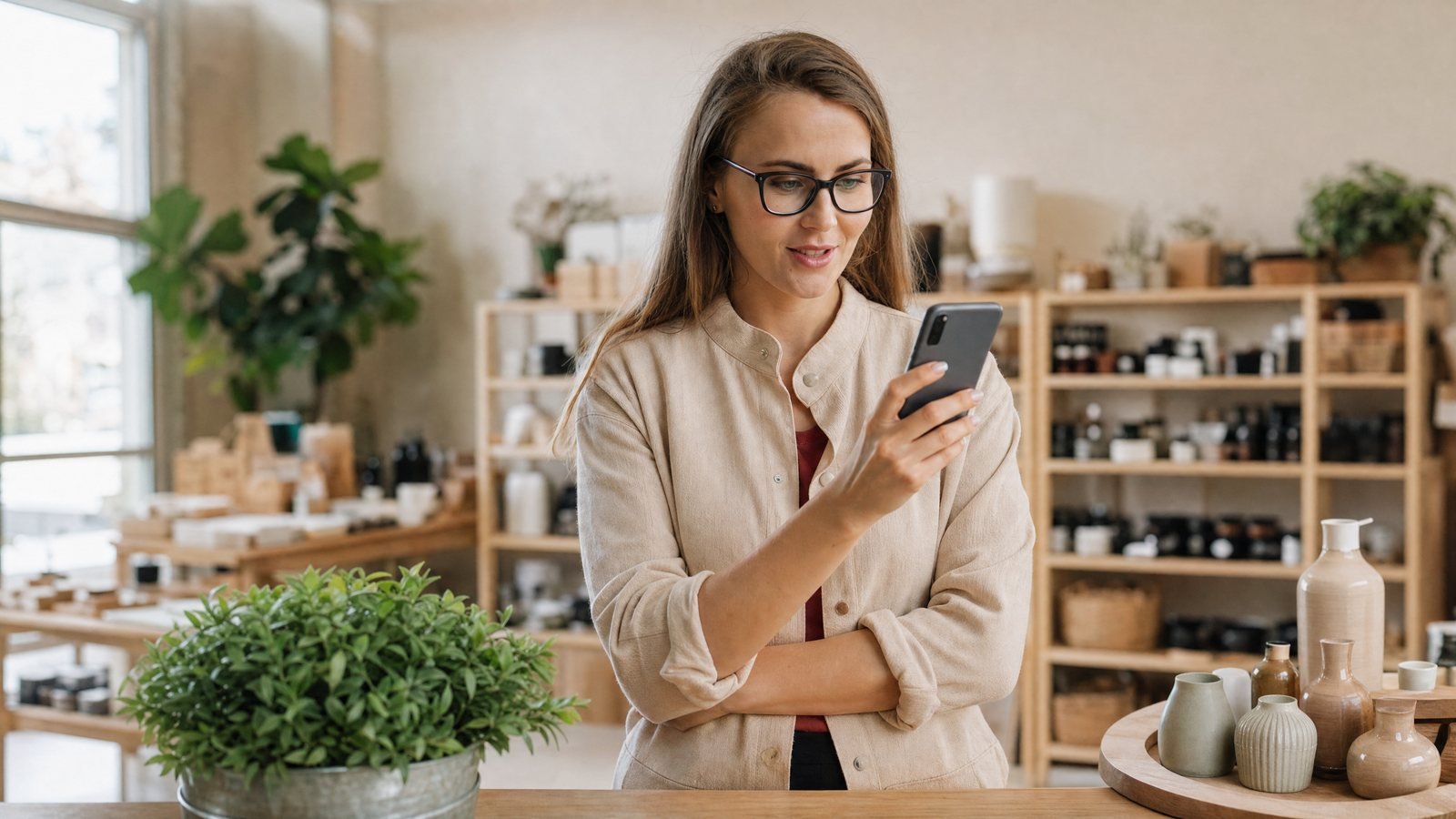 Dirigeant d'une petite entreprise qui consulte une conversation avec un assistant IA sur son téléphone, dans sa boutique