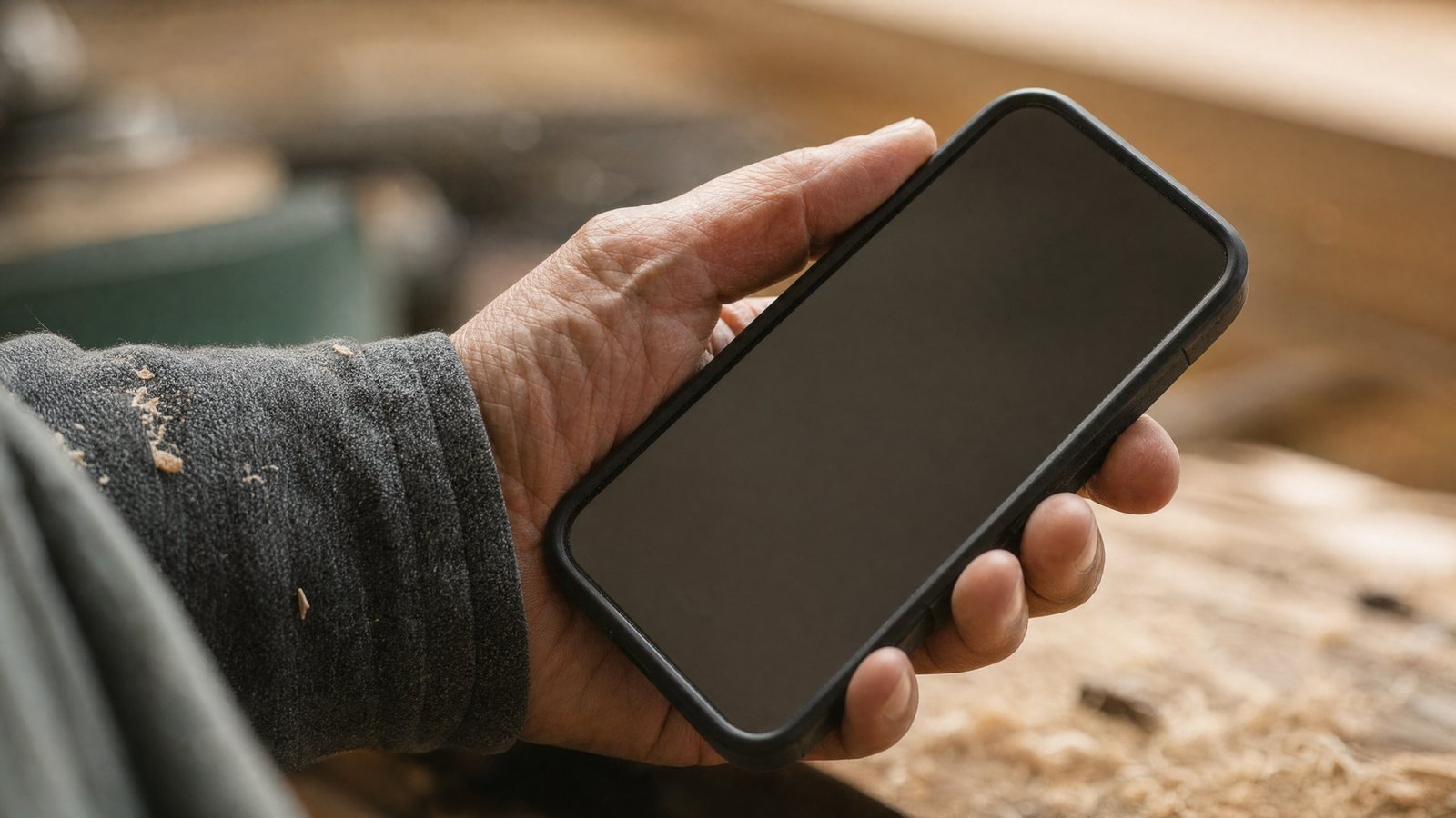 Artisan qui consulte les avis de sa fiche Google sur son téléphone dans son atelier