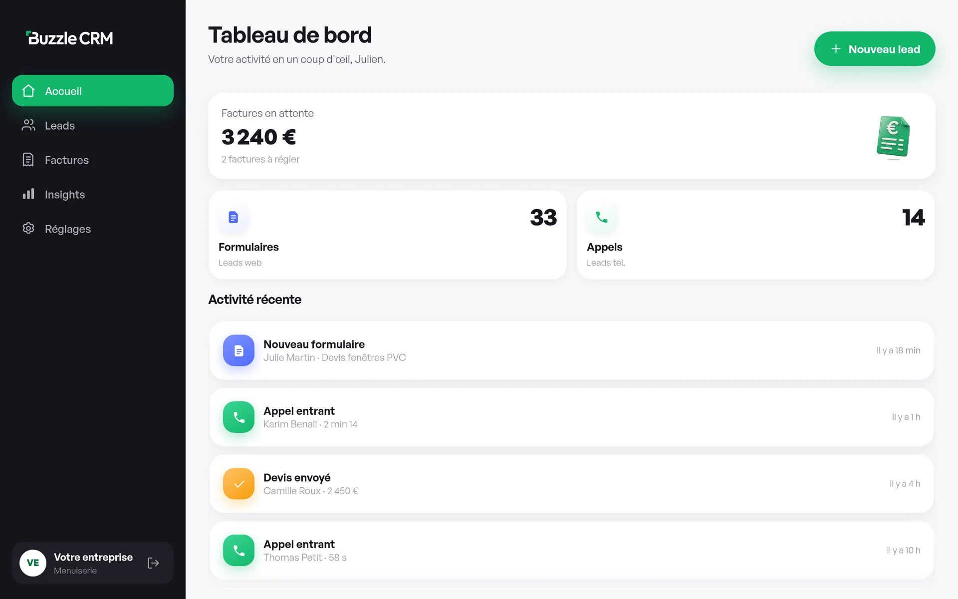 Tableau de bord du CRM Buzzle : factures en attente, formulaires, appels et activité récente