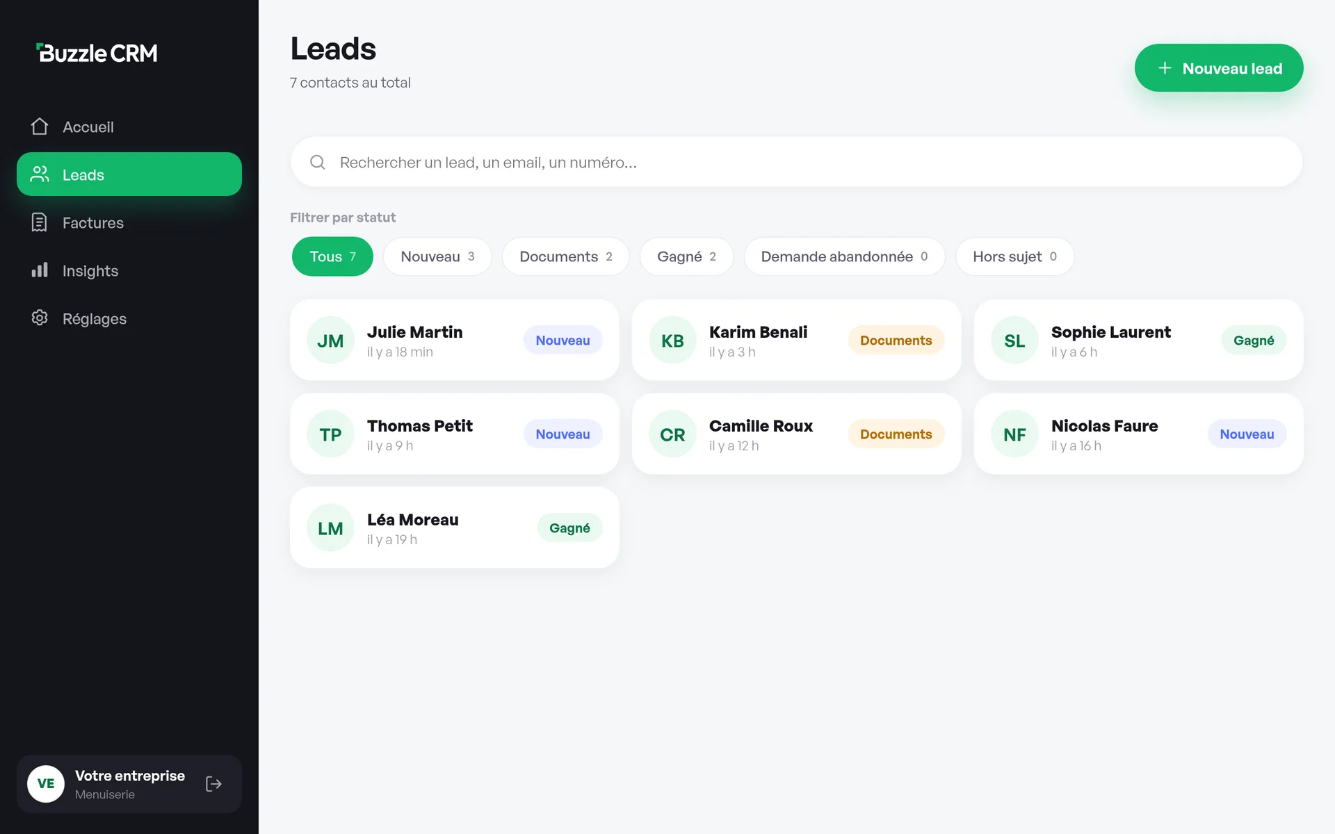 Liste des leads dans le CRM Buzzle, filtrés par statut
